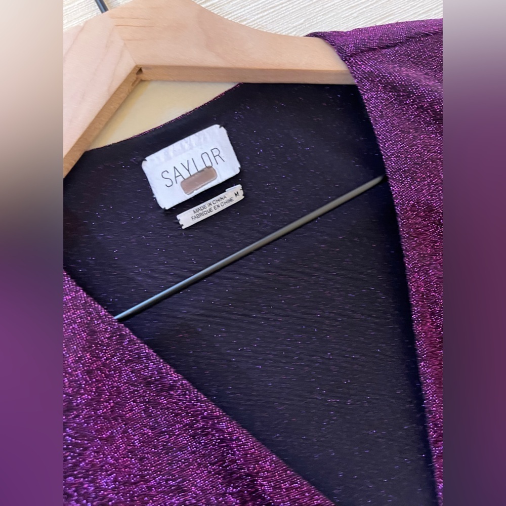 Saylor Purple Shimmer Faux Wrap Dress Ruched Waist Cocktail Holiday Party Glam - Picture 8 of 12